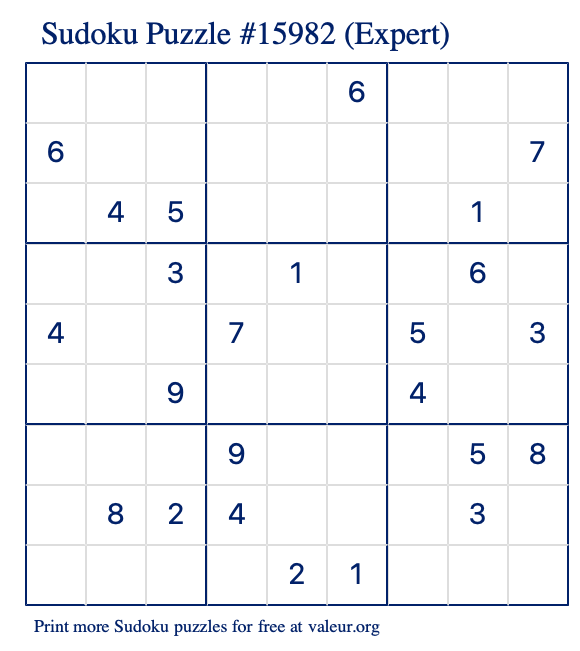 Free Printable Expert Sudoku Puzzle number 15982