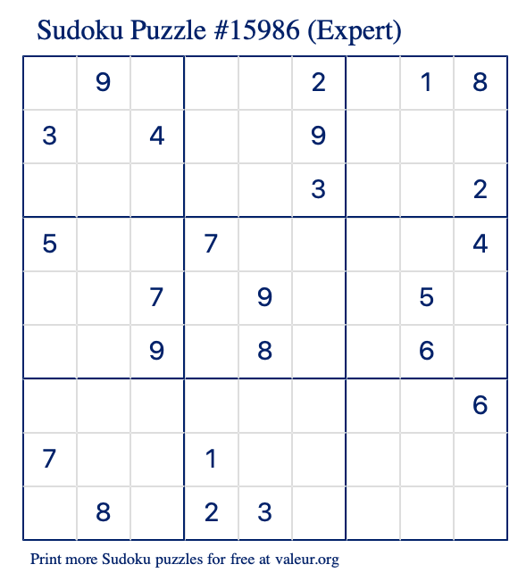 Free Printable Expert Sudoku Puzzle number 15986