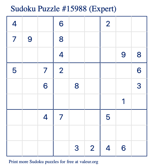 Free Printable Expert Sudoku Puzzle number 15988