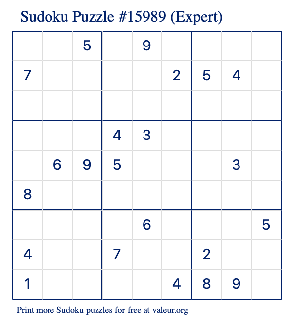 Free Printable Expert Sudoku Puzzle number 15989