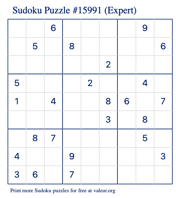 Free Printable Expert Sudoku Puzzle number 15991