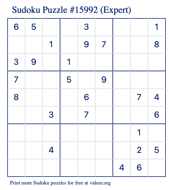 Free Printable Expert Sudoku Puzzle number 15992