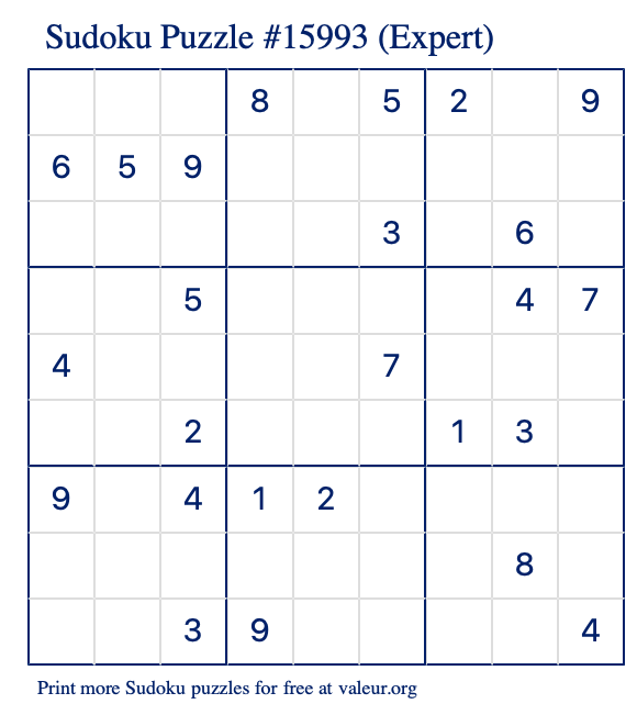 Free Printable Expert Sudoku Puzzle number 15993