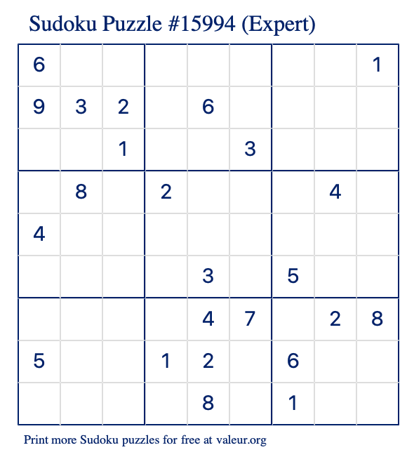 Free Printable Expert Sudoku Puzzle number 15994