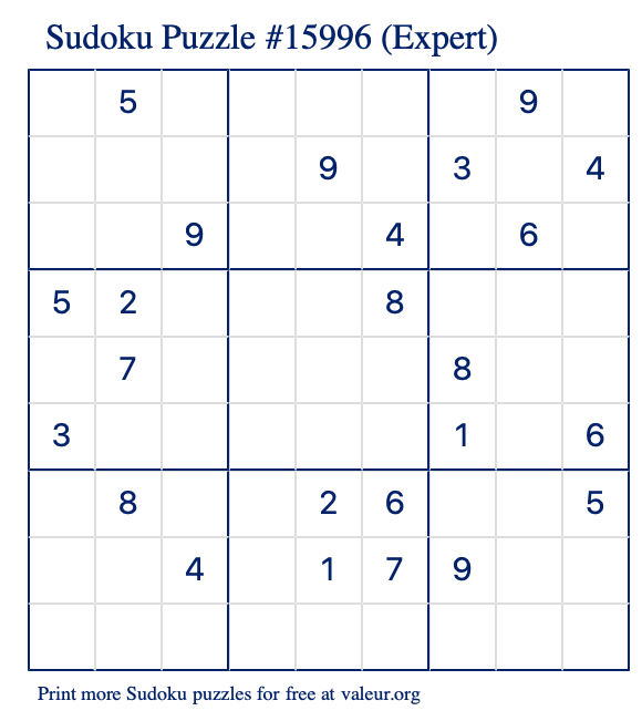 Free Printable Expert Sudoku Puzzle number 15996