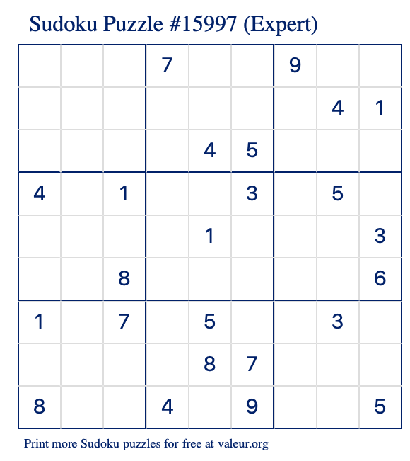 Free Printable Expert Sudoku Puzzle number 15997