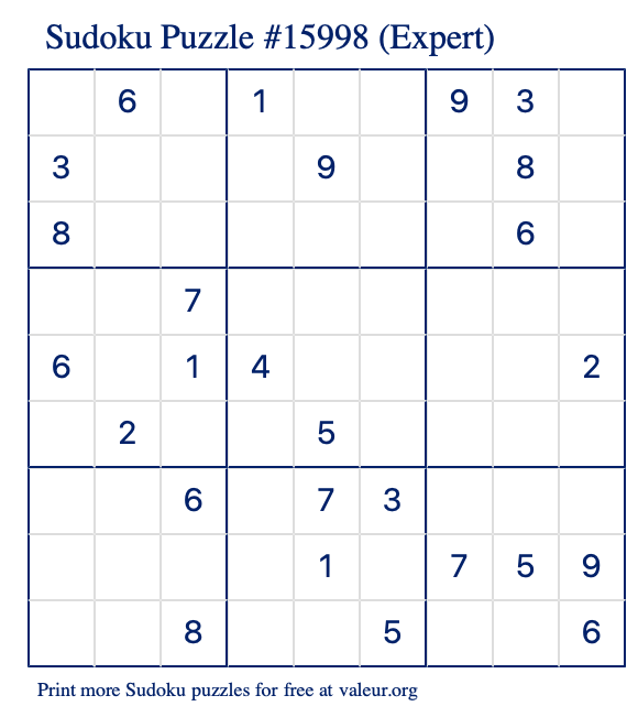 Free Printable Expert Sudoku Puzzle number 15998