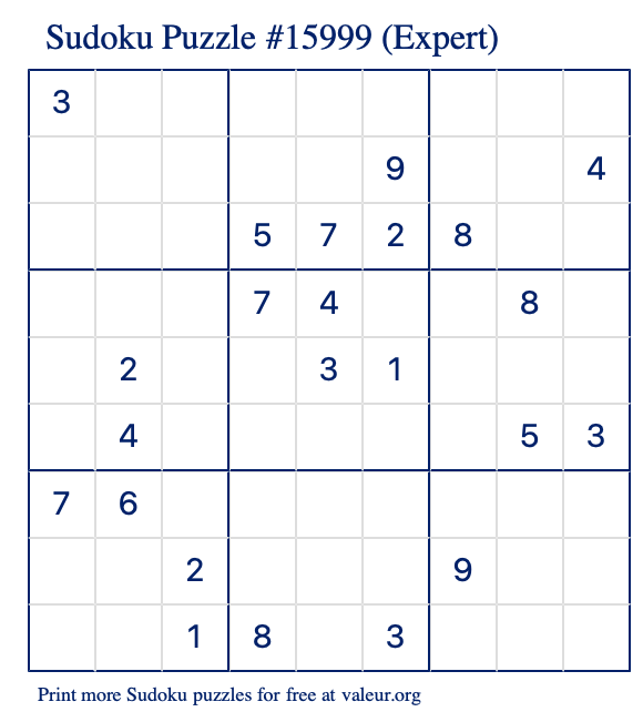 Free Printable Expert Sudoku Puzzle number 15999