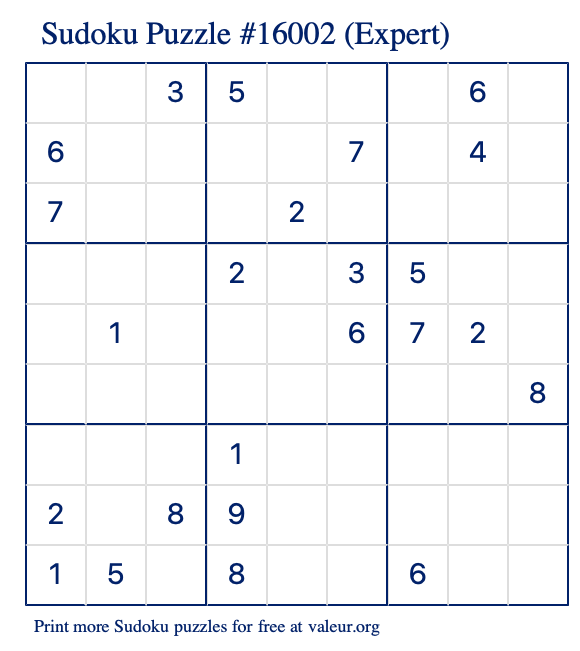 Free Printable Expert Sudoku Puzzle number 16002