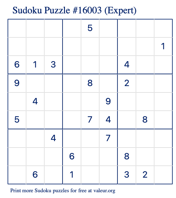 Free Printable Expert Sudoku Puzzle number 16003