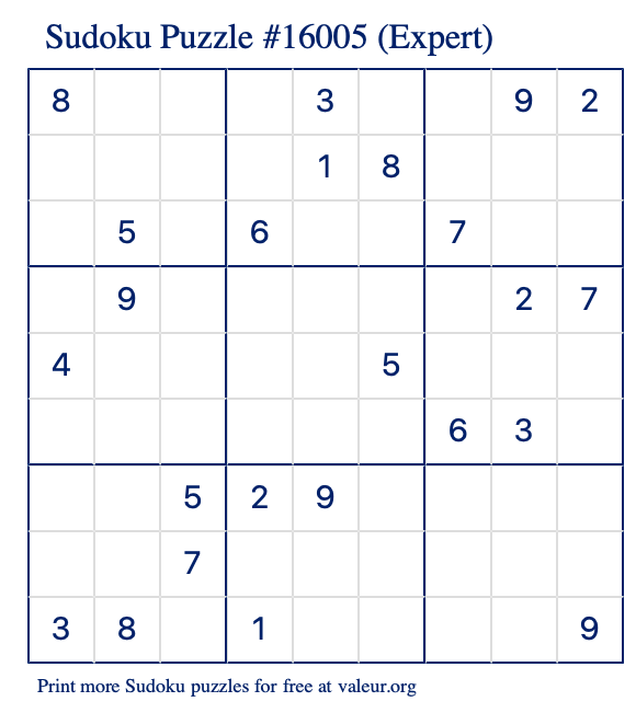 Free Printable Expert Sudoku Puzzle number 16005