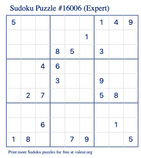 Free Printable Expert Sudoku Puzzle number 16006