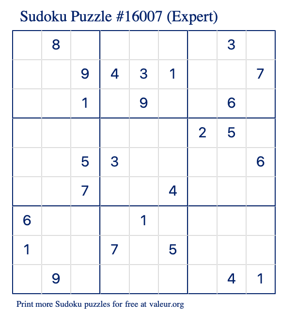 Free Printable Expert Sudoku Puzzle number 16007