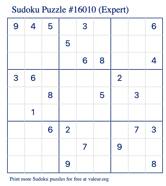 Free Printable Expert Sudoku Puzzle number 16010