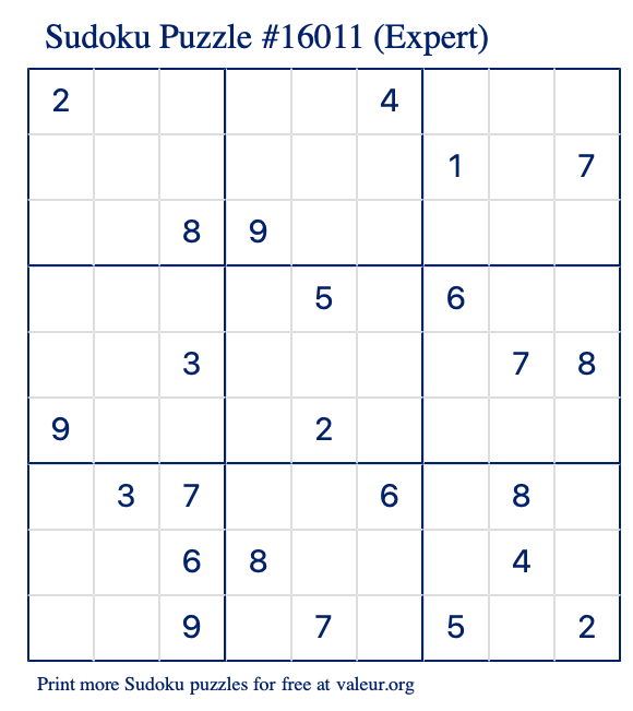 Free Printable Expert Sudoku Puzzle number 16011