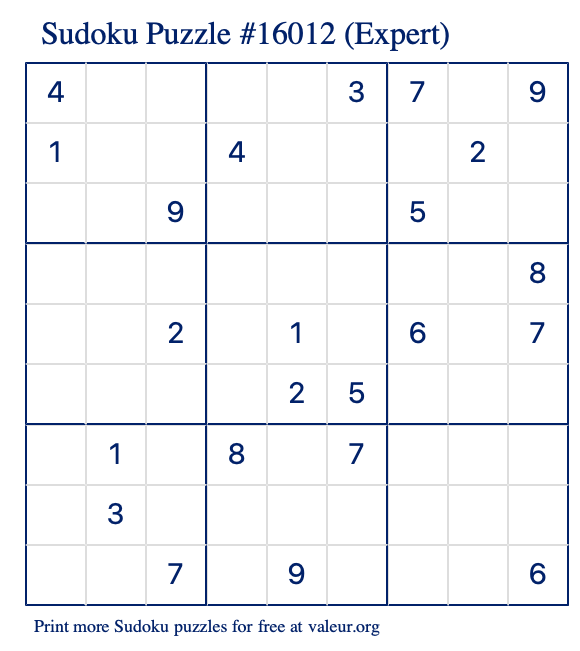 Free Printable Expert Sudoku Puzzle number 16012