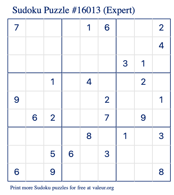 Free Printable Expert Sudoku Puzzle number 16013