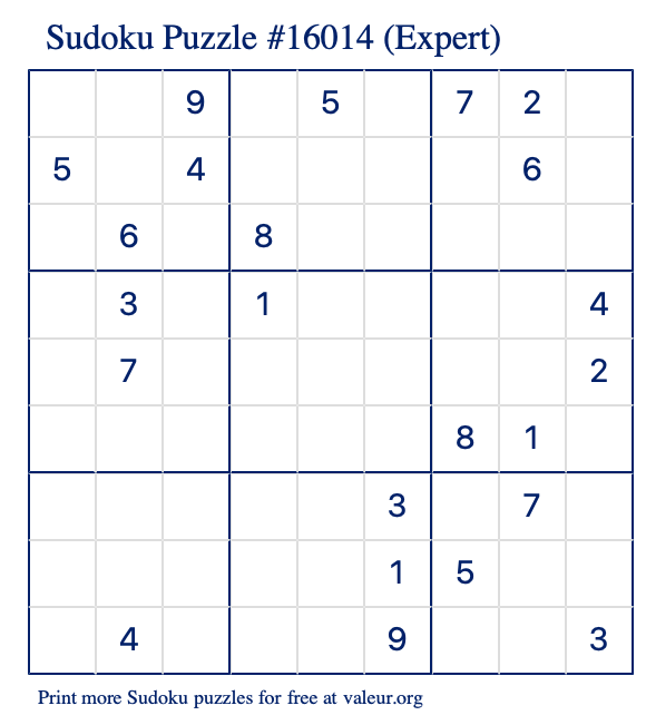 Free Printable Expert Sudoku Puzzle number 16014