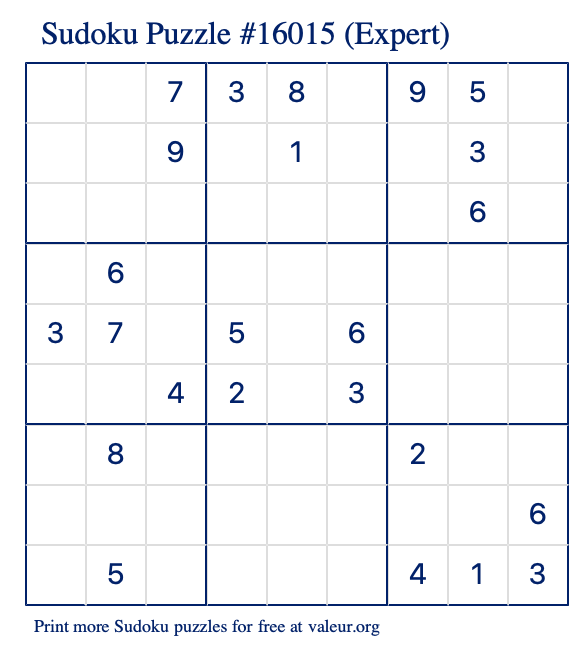 Free Printable Expert Sudoku Puzzle number 16015