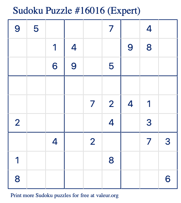 Free Printable Expert Sudoku Puzzle number 16016