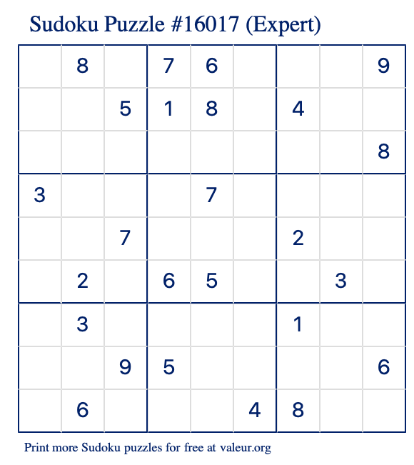 Free Printable Expert Sudoku Puzzle number 16017