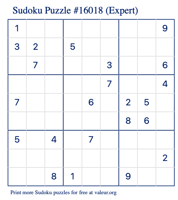 Free Printable Expert Sudoku Puzzle number 16018