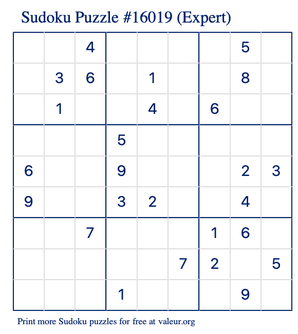 Free Printable Expert Sudoku Puzzle number 16019