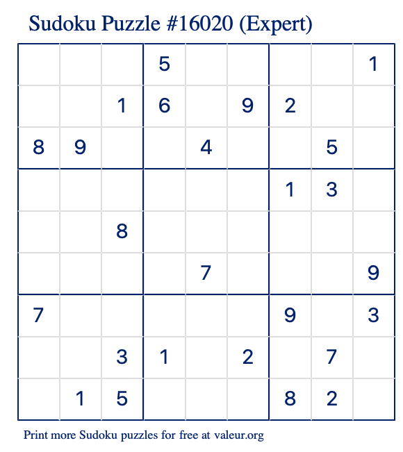 Free Printable Expert Sudoku Puzzle number 16020