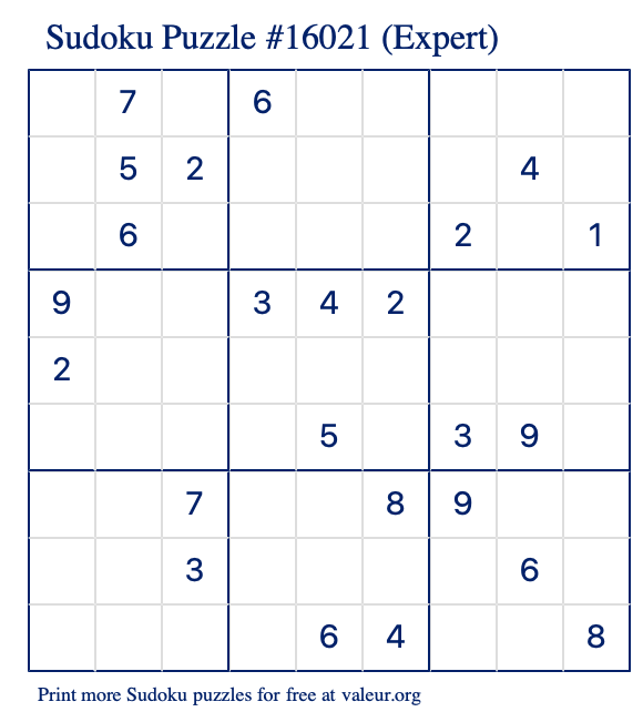 Free Printable Expert Sudoku Puzzle number 16021