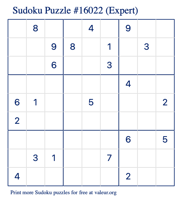 Free Printable Expert Sudoku Puzzle number 16022