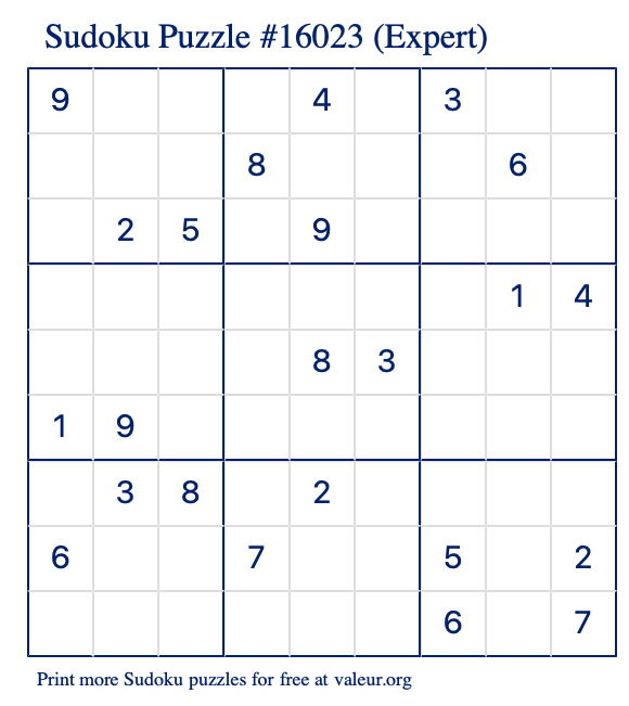 Free Printable Expert Sudoku Puzzle number 16023