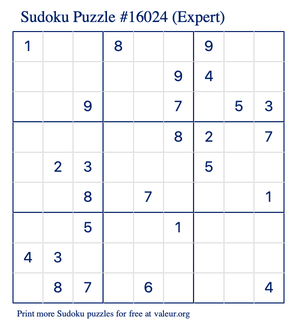 Free Printable Expert Sudoku Puzzle number 16024