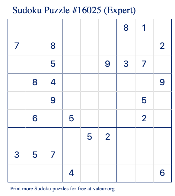 Free Printable Expert Sudoku Puzzle number 16025