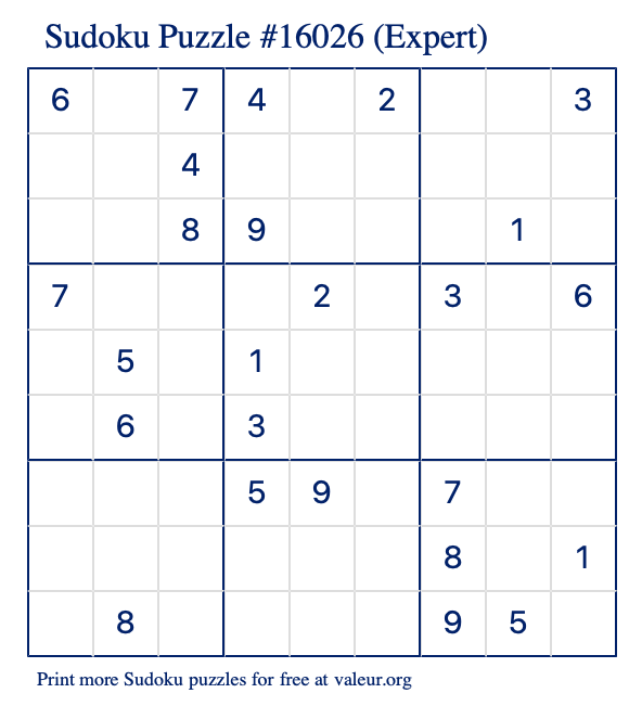 Free Printable Expert Sudoku Puzzle number 16026