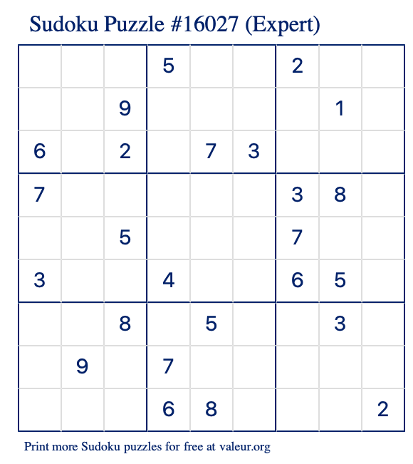 Free Printable Expert Sudoku Puzzle number 16027