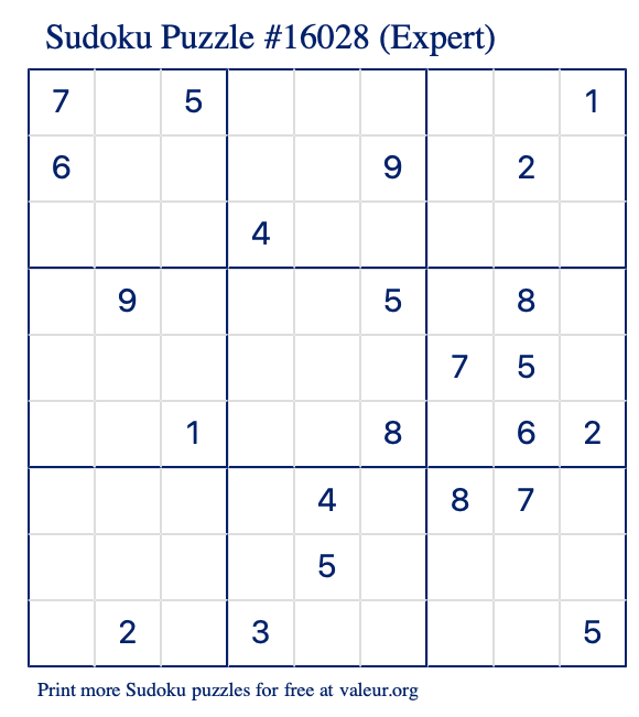 Free Printable Expert Sudoku Puzzle number 16028