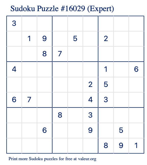 Free Printable Expert Sudoku Puzzle number 16029