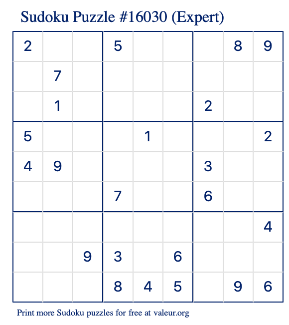 Free Printable Expert Sudoku Puzzle number 16030