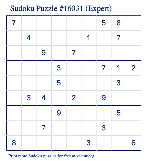 Free Printable Expert Sudoku Puzzle number 16031