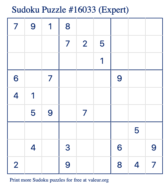 Free Printable Expert Sudoku Puzzle number 16033