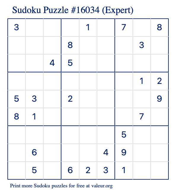 Free Printable Expert Sudoku Puzzle number 16034