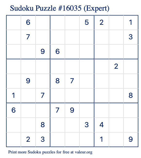 Free Printable Expert Sudoku Puzzle number 16035