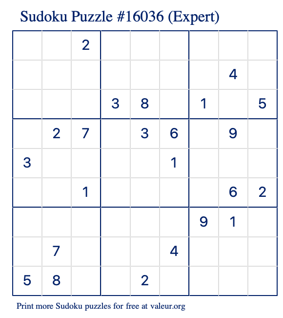 Free Printable Expert Sudoku Puzzle number 16036