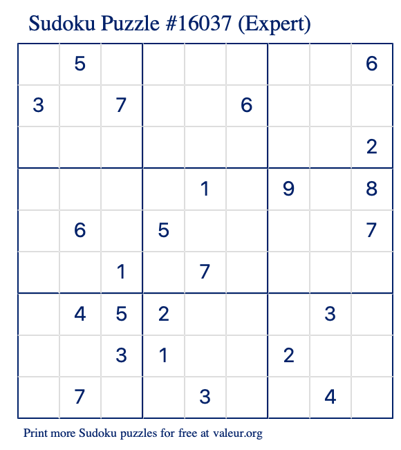 Free Printable Expert Sudoku Puzzle number 16037