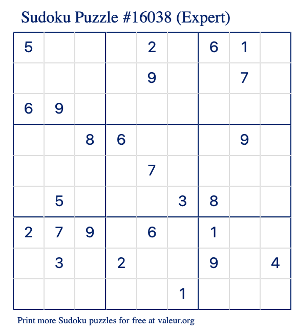 Free Printable Expert Sudoku Puzzle number 16038