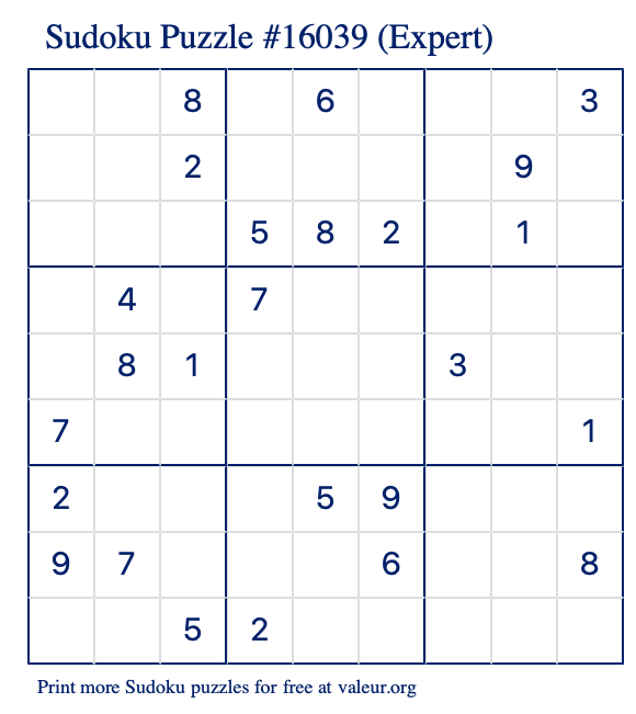 Free Printable Expert Sudoku Puzzle number 16039