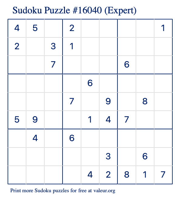 Free Printable Expert Sudoku Puzzle number 16040