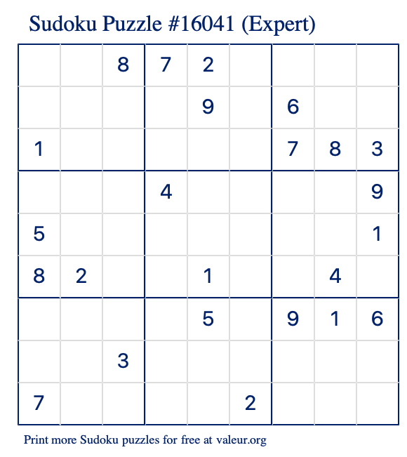 Free Printable Expert Sudoku Puzzle number 16041