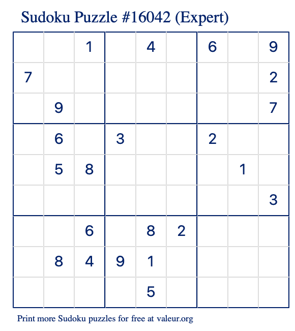 Free Printable Expert Sudoku Puzzle number 16042