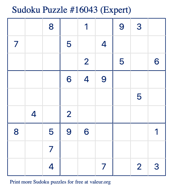 Free Printable Expert Sudoku Puzzle number 16043